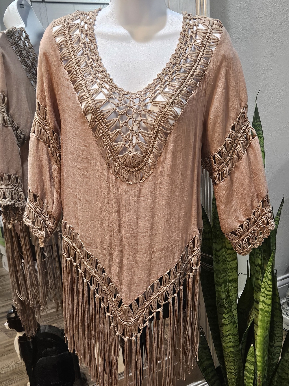 Boho Fringe V-Neck Tunic Top - Taupe